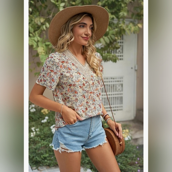 Boho Tops Blouses for Women V Neck Floral Summer Shirts Trendy Short Sleeve - Picture 14 of 14